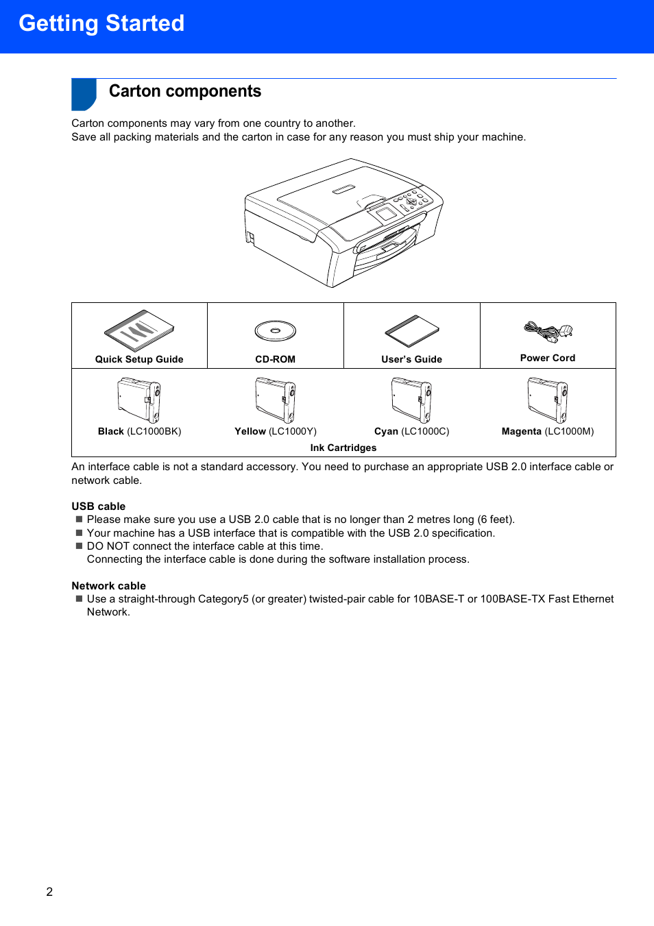 Getting started, Carton components | Brother DCP-750CW User Manual | Page 4 / 51
