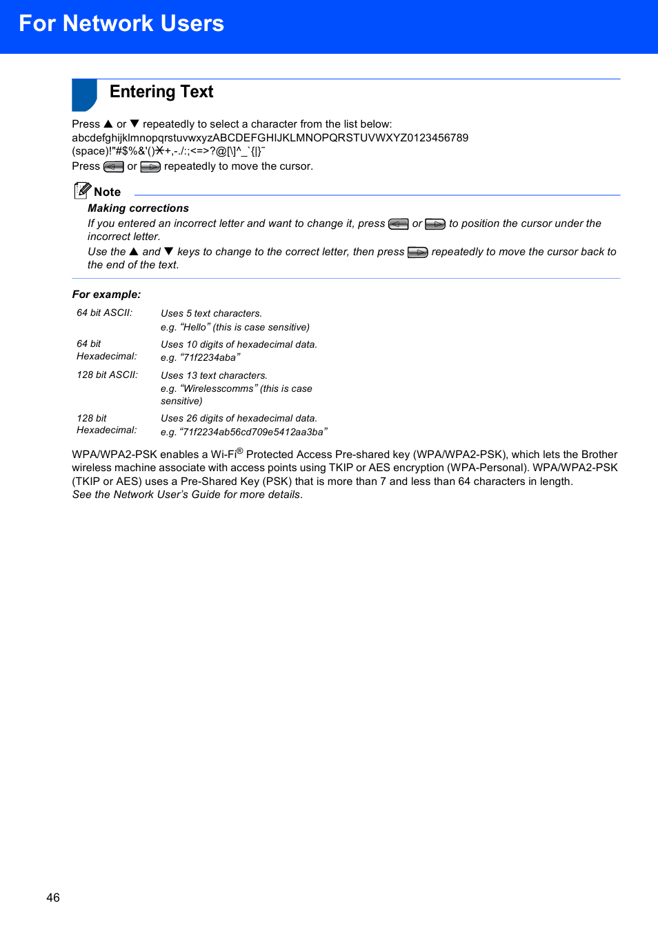 Entering text, For network users | Brother DCP-750CW User Manual | Page 48 / 51