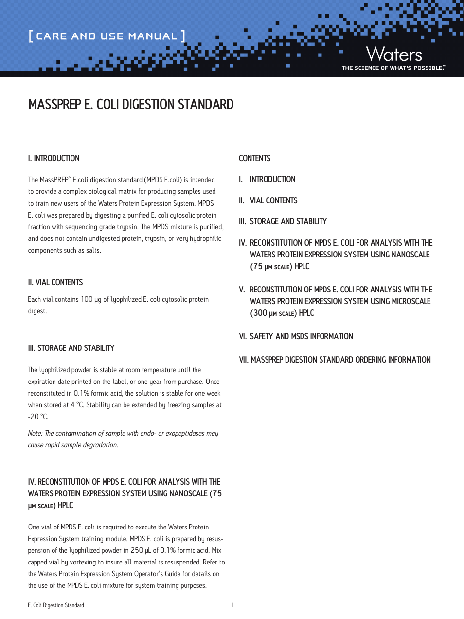 Waters MassPREP E. coli Digestion Standard User Manual | 3 pages