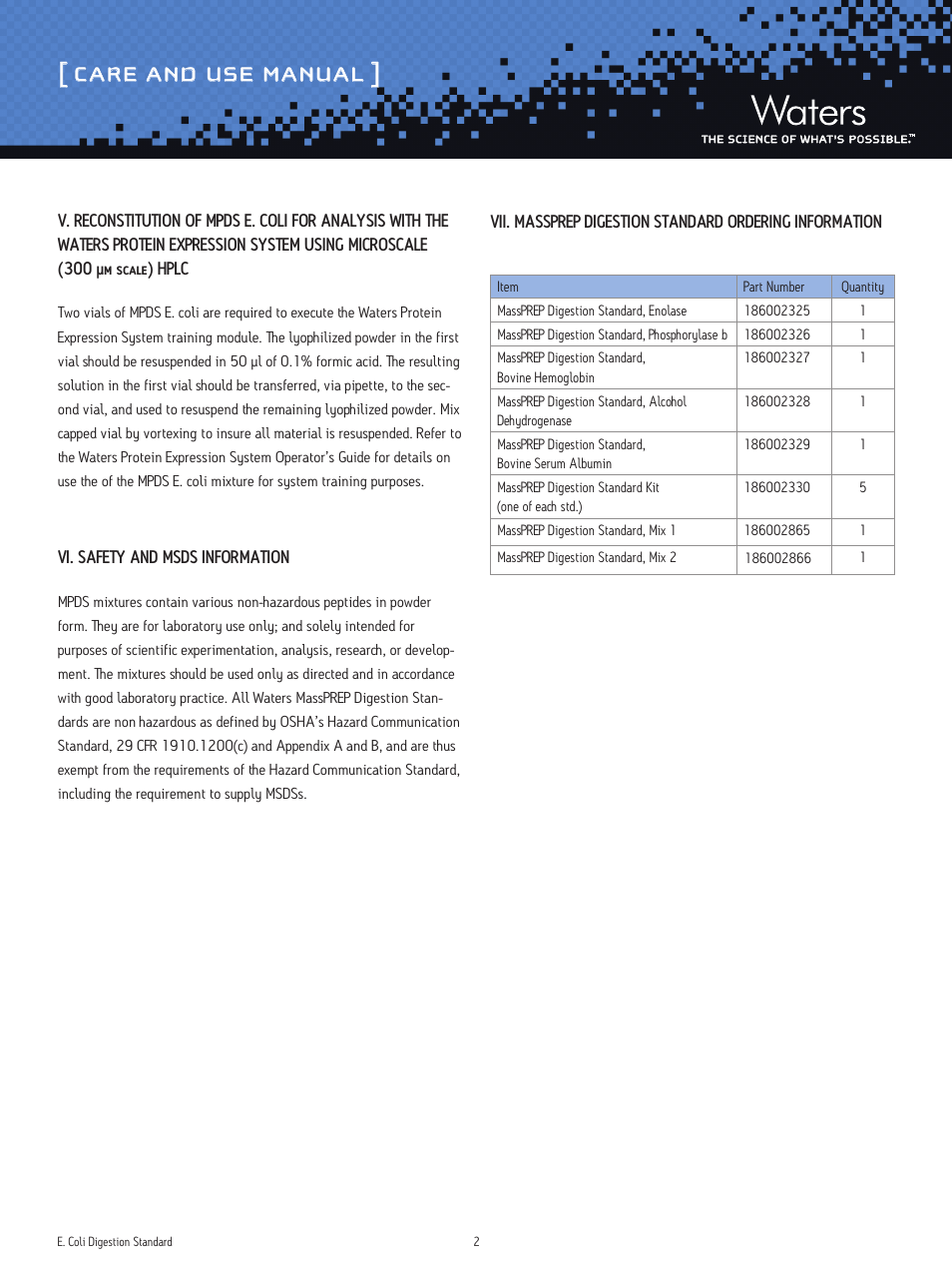 Care and use manual | Waters MassPREP E. coli Digestion Standard User Manual | Page 2 / 3