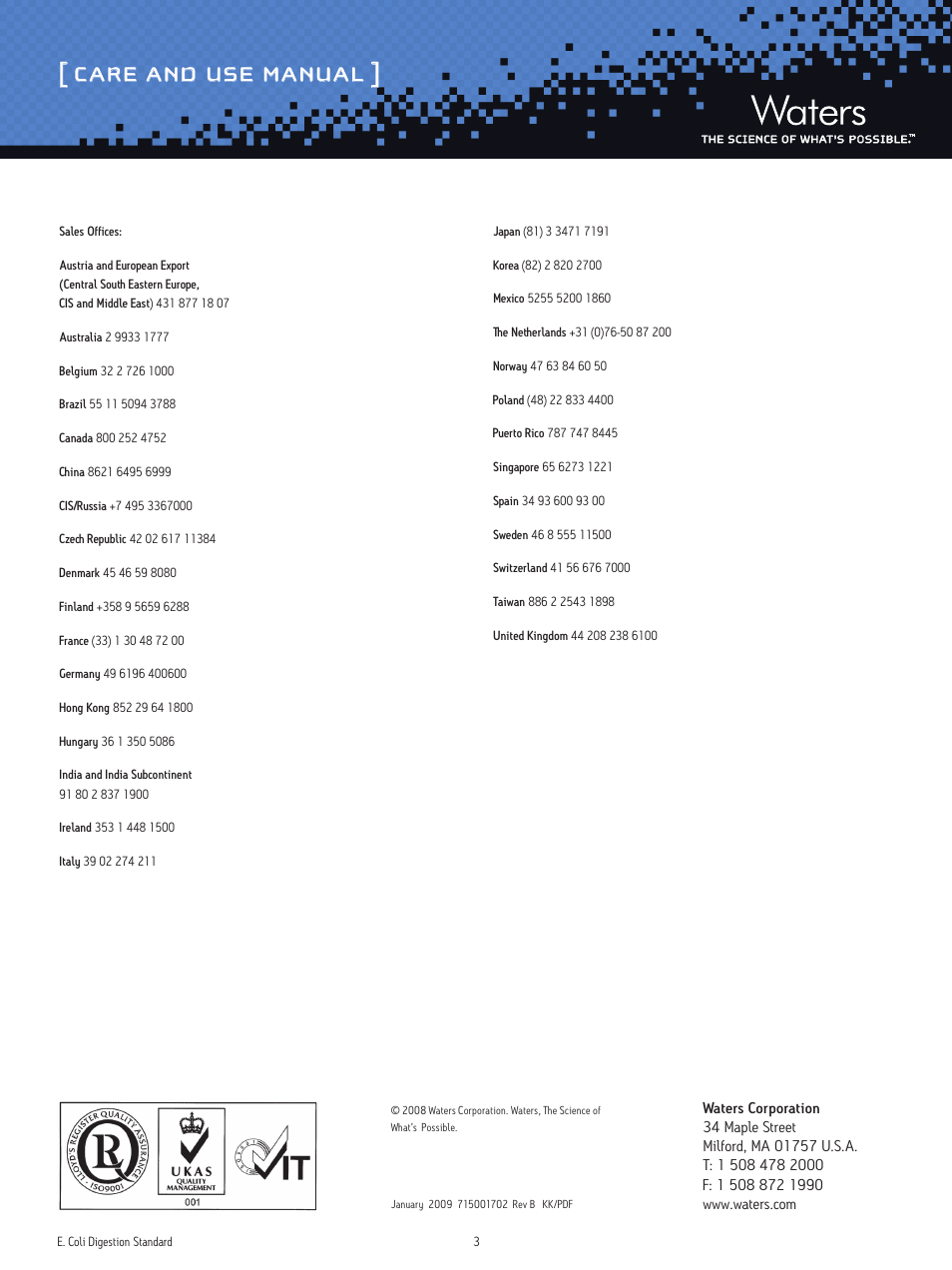 Care and use manual | Waters MassPREP E. coli Digestion Standard User Manual | Page 3 / 3