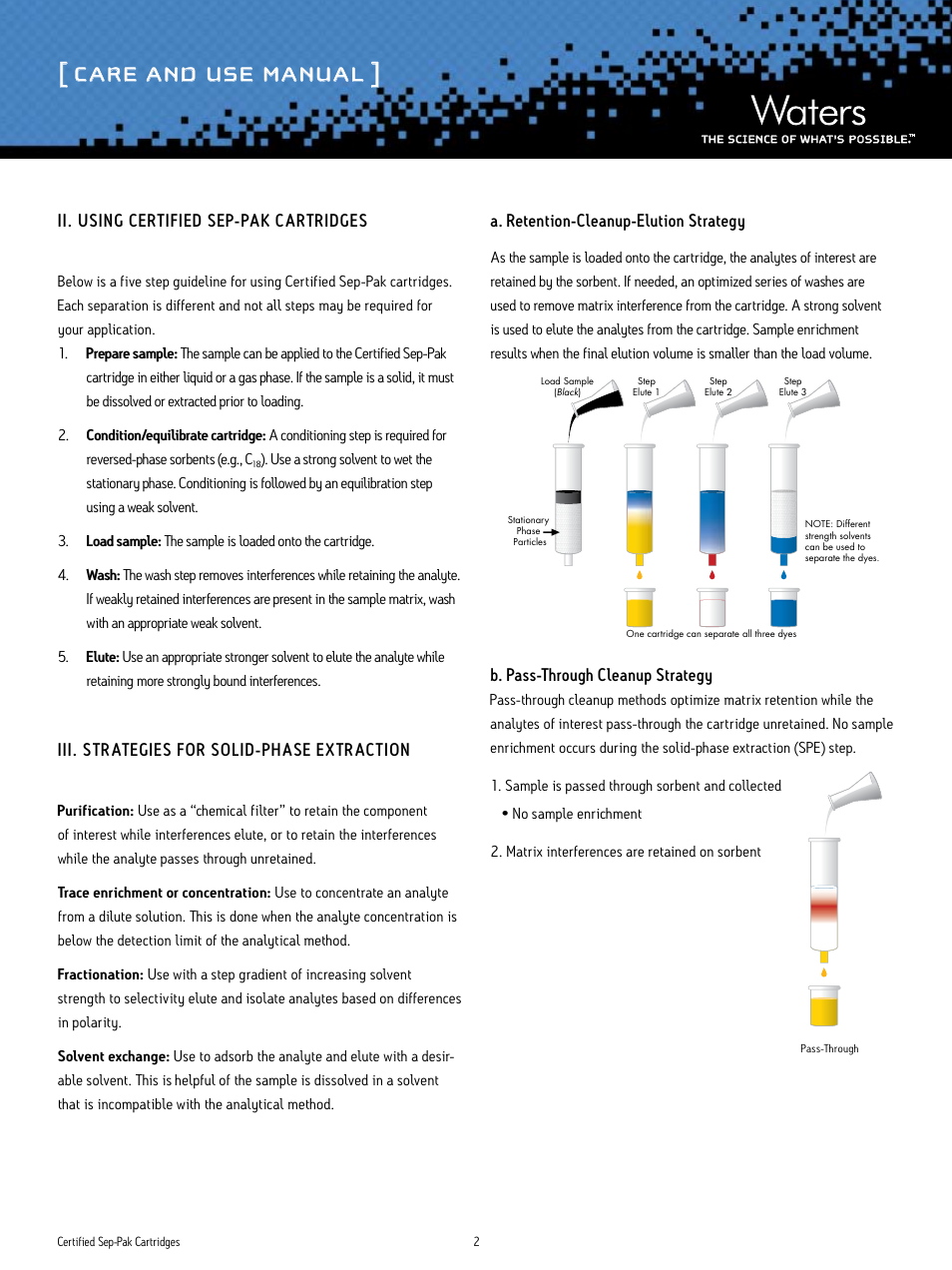 Care and use manual, Ii. using certified sep-pak cart ridges, Iii. st rategies for solid-phase ext raction | A. retention-cleanup-elution strategy, B. pass-through cleanup strategy | Waters Certified Sep-Pak User Manual | Page 2 / 6