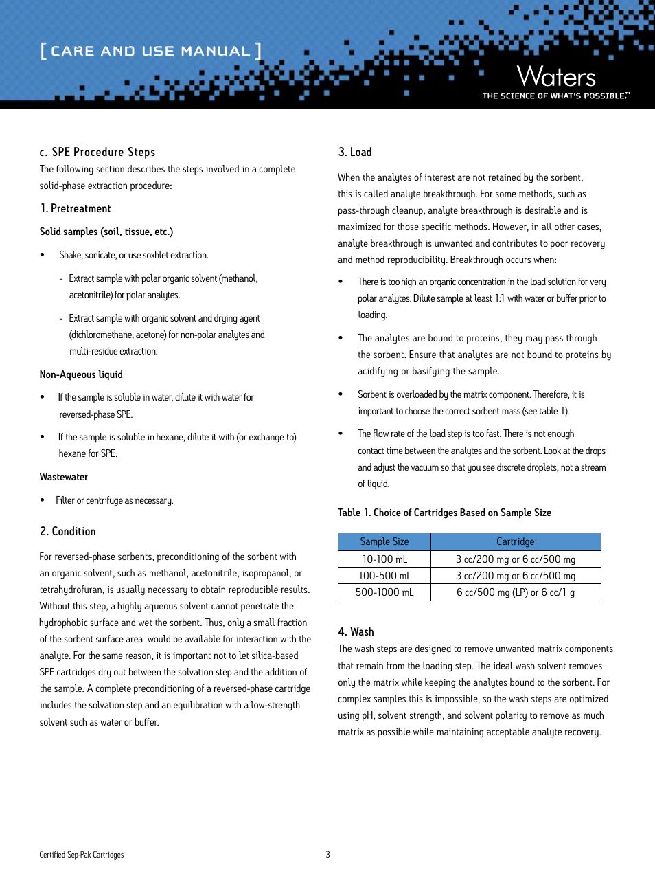 Care and use manual | Waters Certified Sep-Pak User Manual | Page 3 / 6
