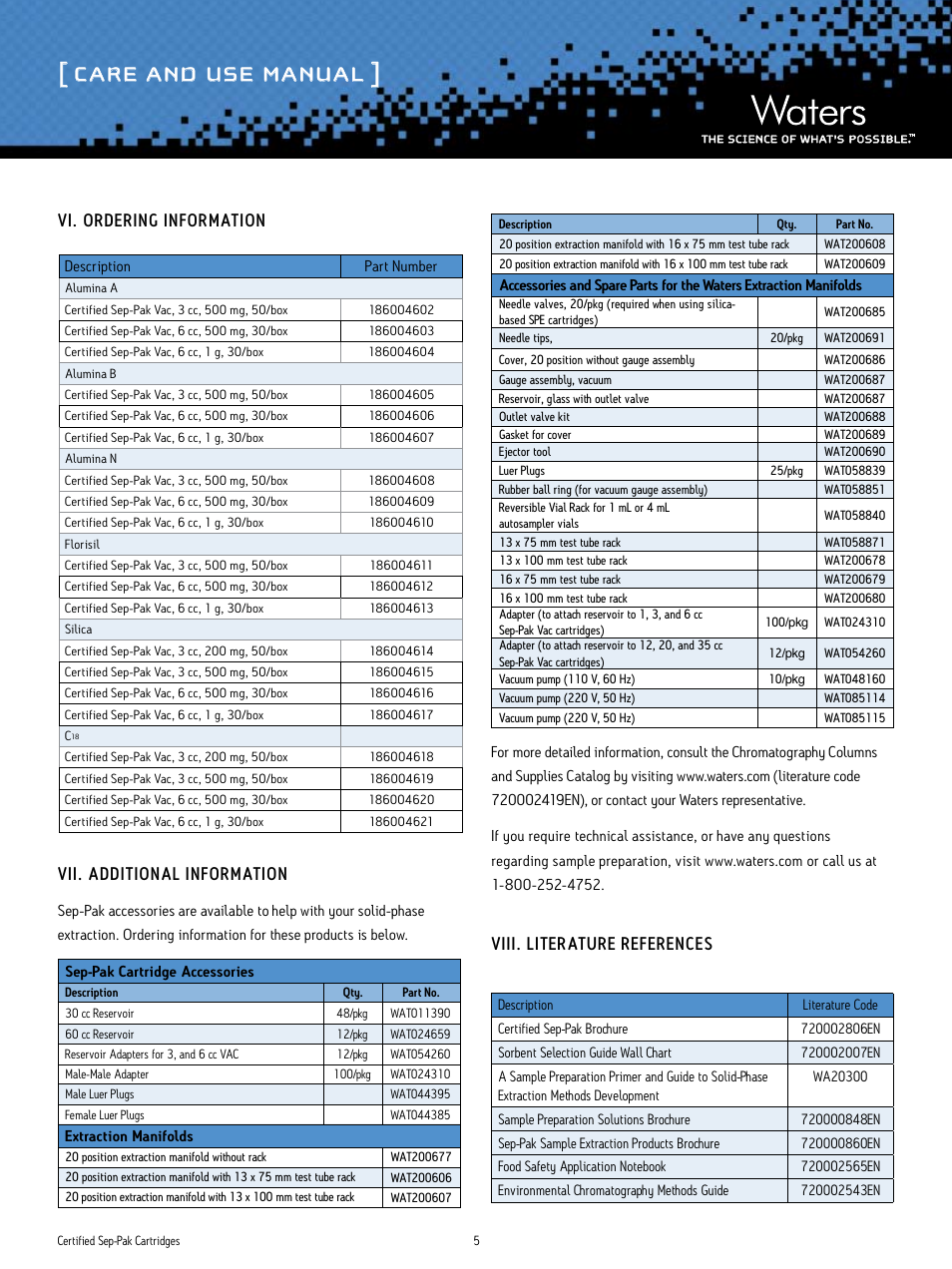 Care and use manual, Viii. literature references | Waters Certified Sep-Pak User Manual | Page 5 / 6