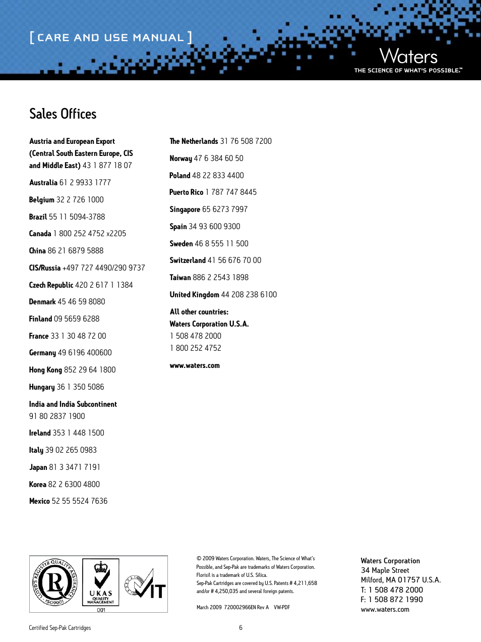 Care and use manual, Sales offices | Waters Certified Sep-Pak User Manual | Page 6 / 6