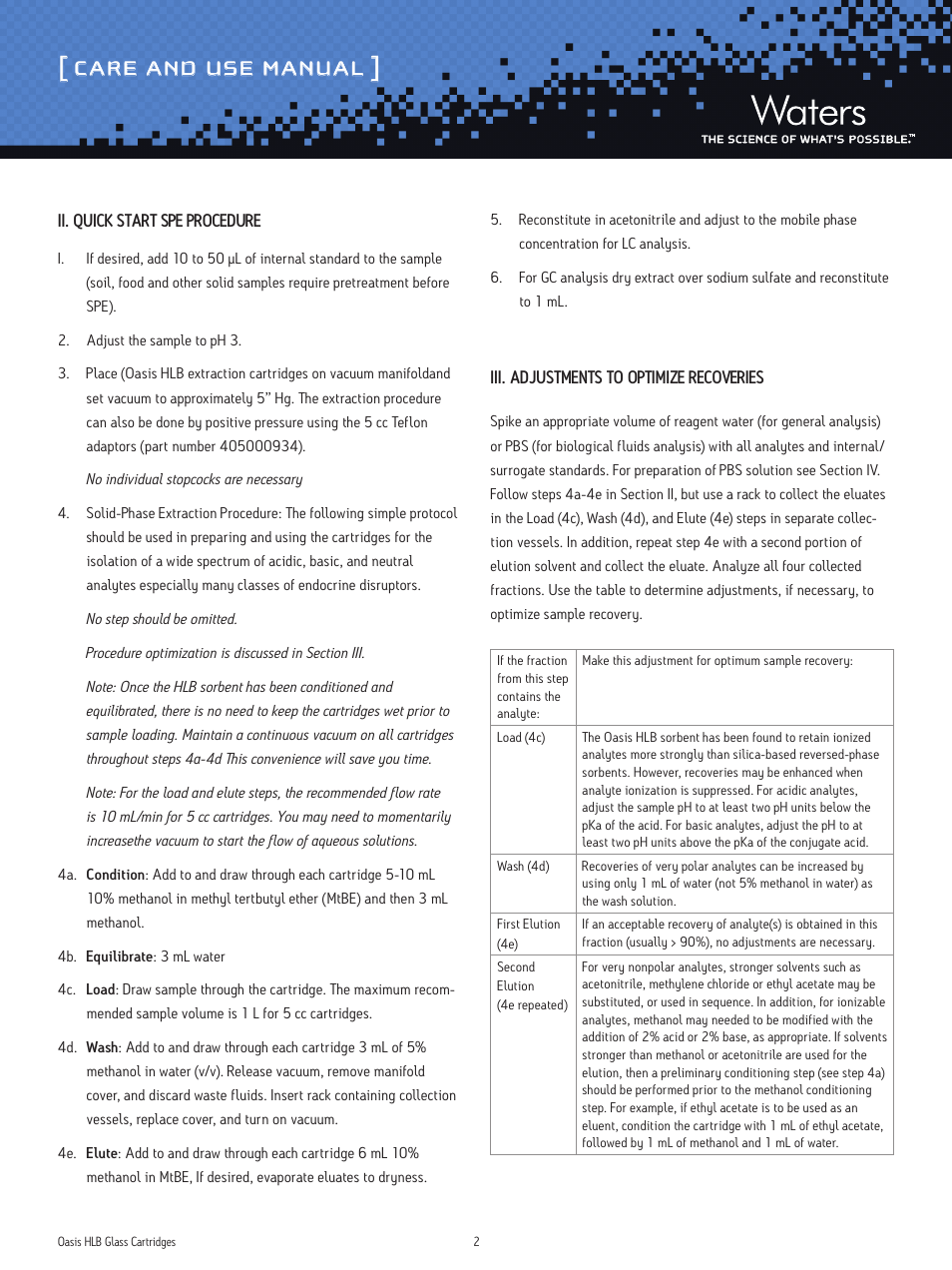 Care and use manual | Waters Oasis Glass Cartridges User Manual | Page 2 / 3