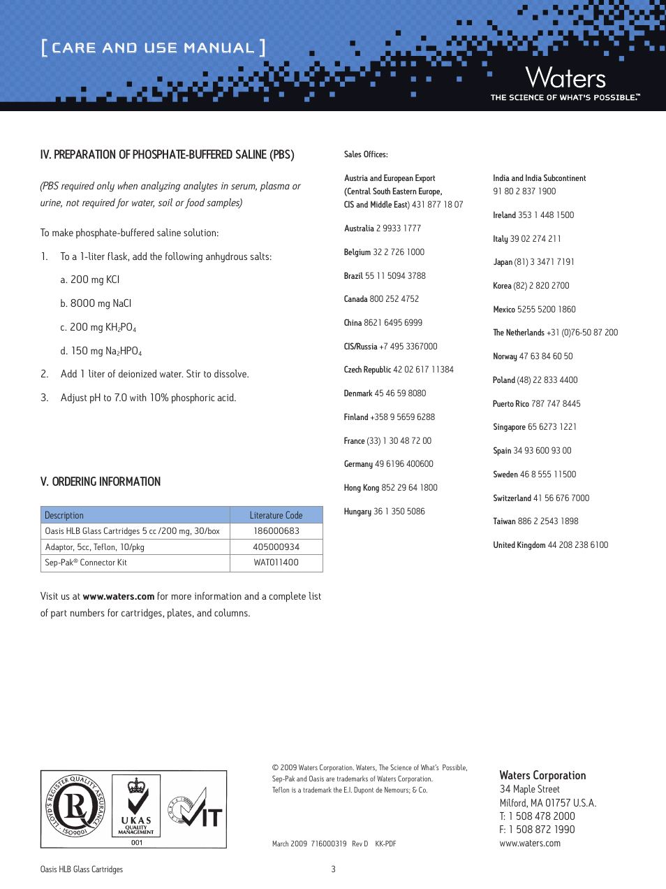 Care and use manual, Waters corporation, Iv. preparation of phosphate-buffered saline (pbs) | V. ordering information | Waters Oasis Glass Cartridges User Manual | Page 3 / 3