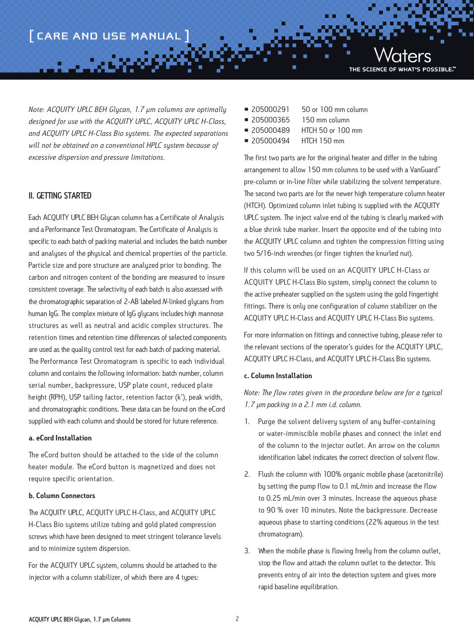 Care and use manual | Waters ACQUITY UPLC BEH Glycan, 1.7 µm Columns, Glycan Performance Test Standard User Manual | Page 2 / 9