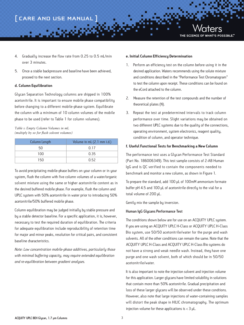 Care and use manual | Waters ACQUITY UPLC BEH Glycan, 1.7 µm Columns, Glycan Performance Test Standard User Manual | Page 3 / 9