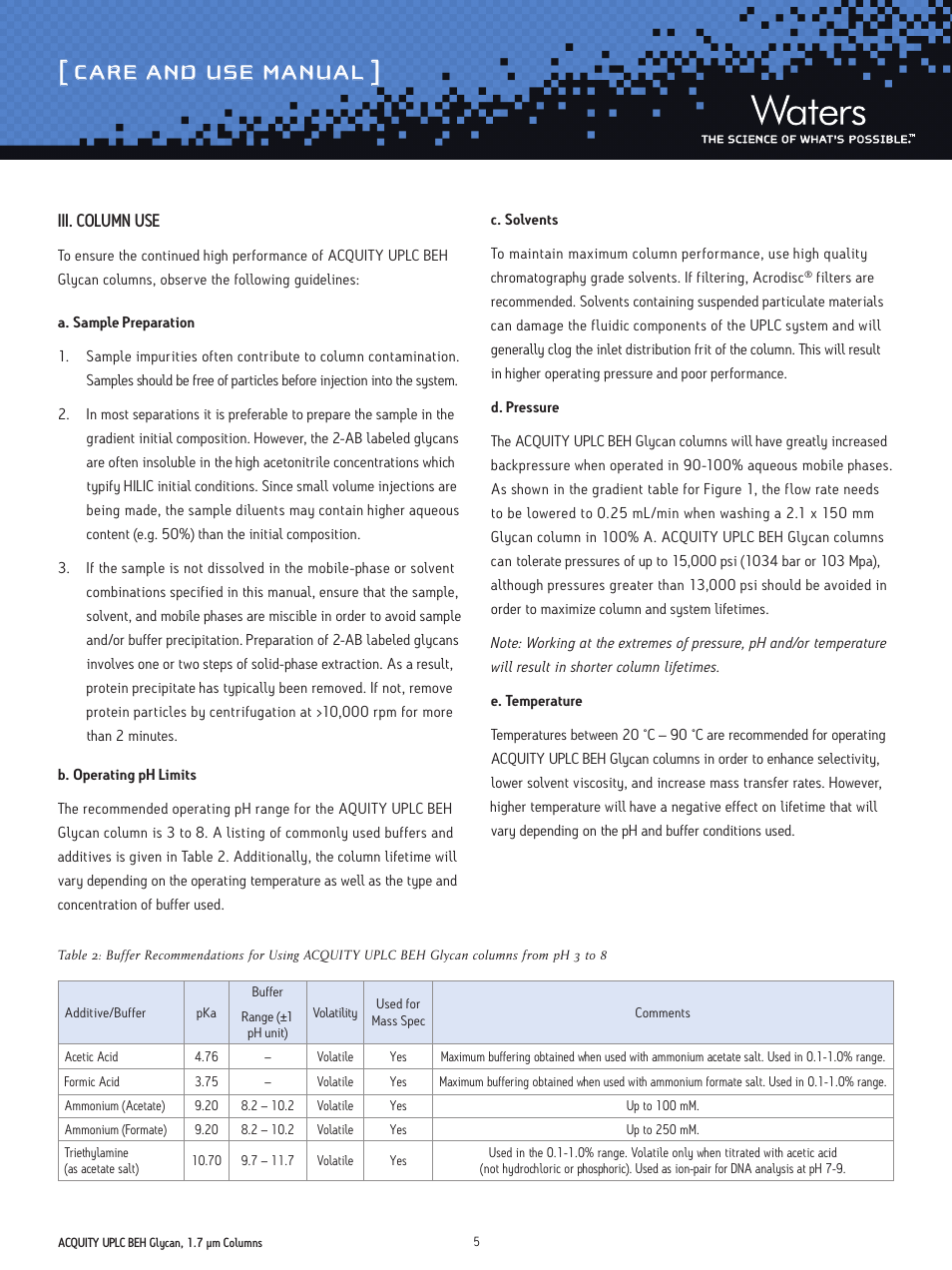 Care and use manual | Waters ACQUITY UPLC BEH Glycan, 1.7 µm Columns, Glycan Performance Test Standard User Manual | Page 5 / 9