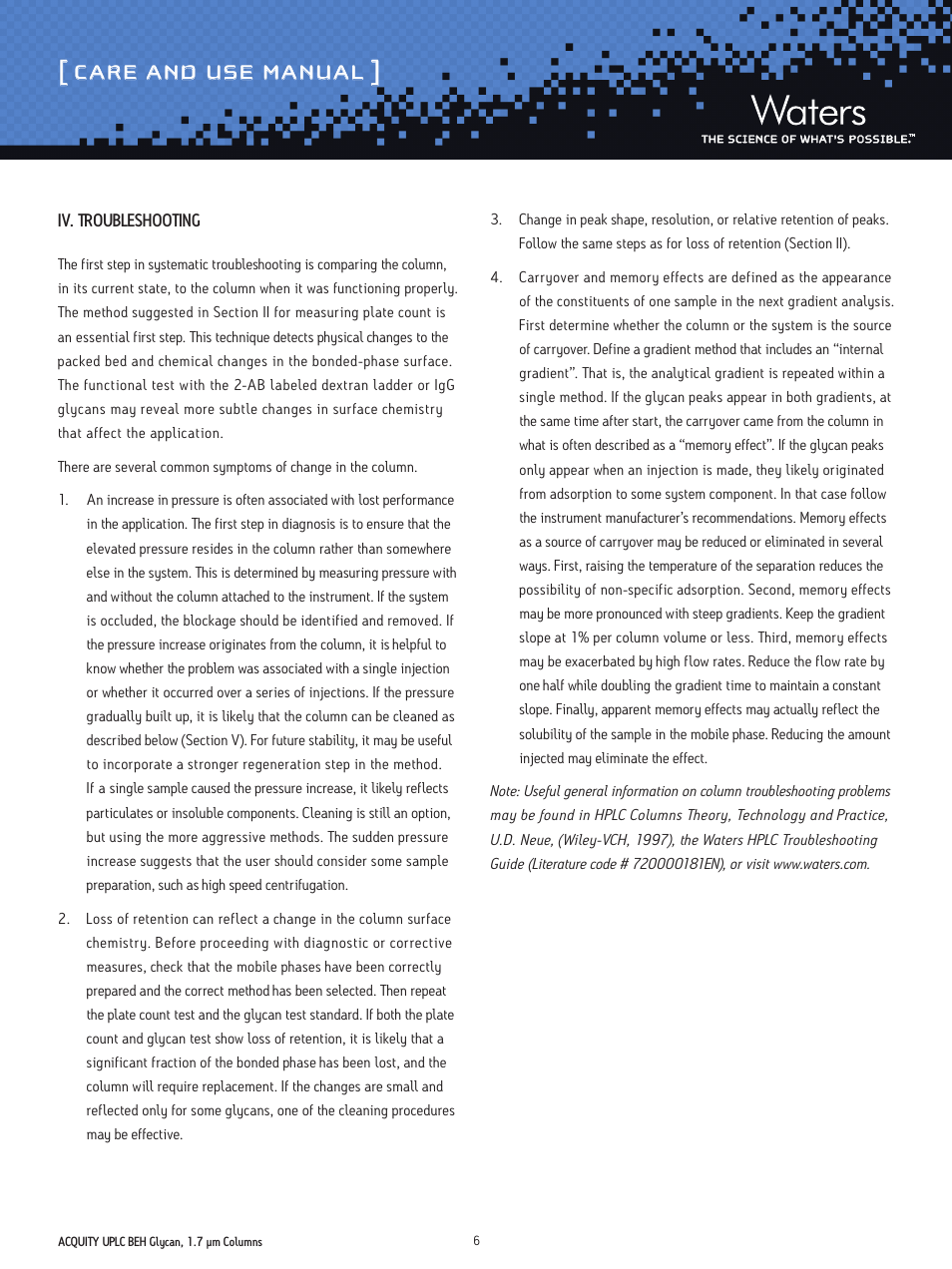 Care and use manual | Waters ACQUITY UPLC BEH Glycan, 1.7 µm Columns, Glycan Performance Test Standard User Manual | Page 6 / 9