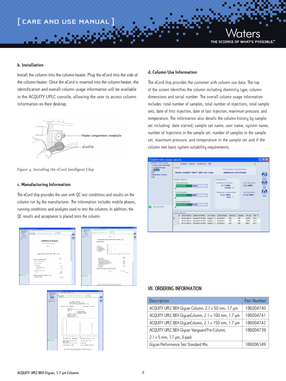 Care and use manual | Waters ACQUITY UPLC BEH Glycan, 1.7 µm Columns, Glycan Performance Test Standard User Manual | Page 8 / 9