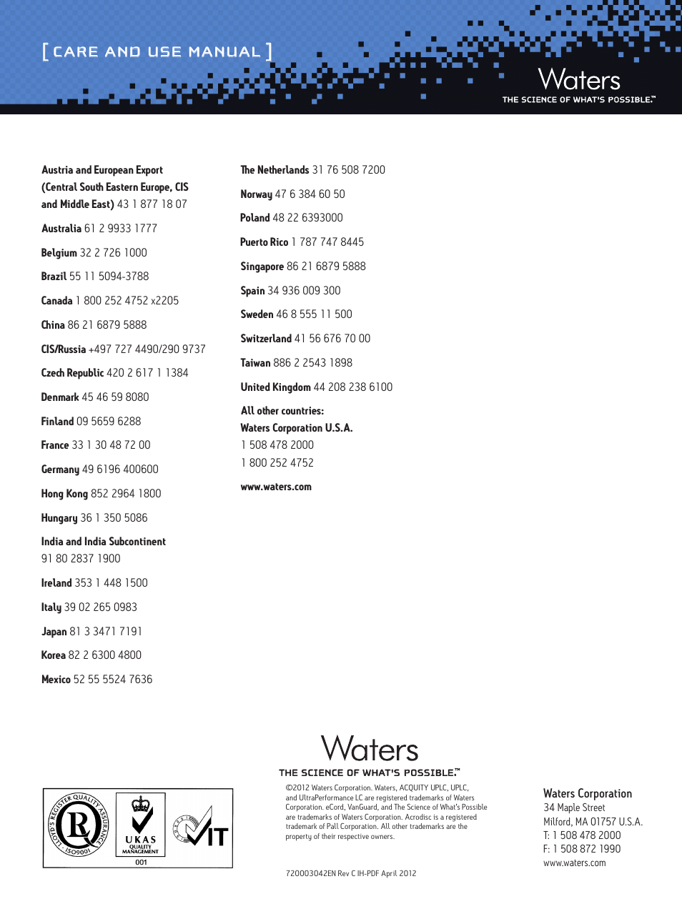 Care and use manual | Waters ACQUITY UPLC BEH Glycan, 1.7 µm Columns, Glycan Performance Test Standard User Manual | Page 9 / 9