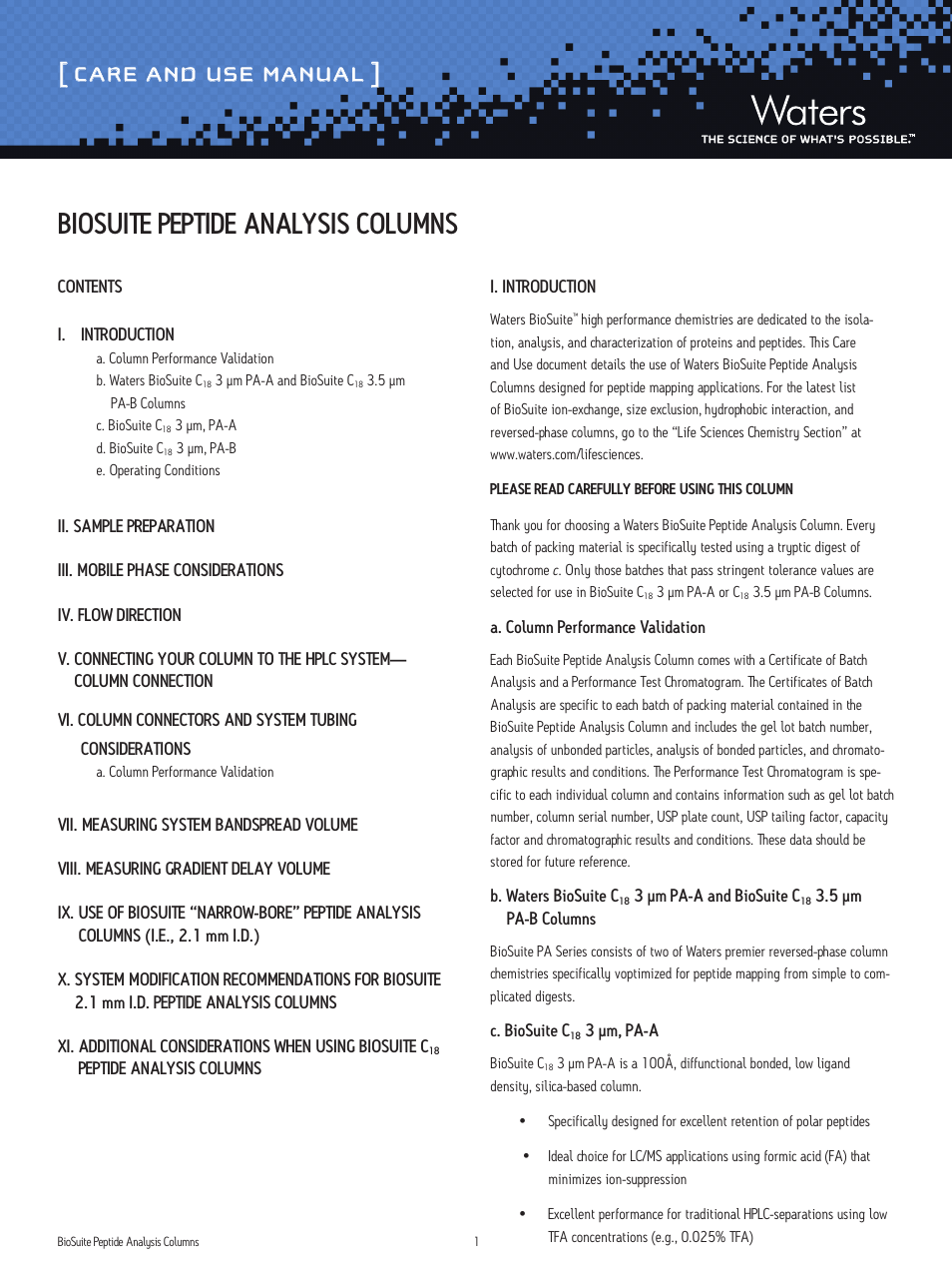 Waters BioSuite Peptide Analysis Columns User Manual | 8 pages