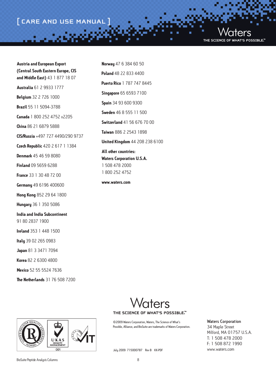 Care and use manual | Waters BioSuite Peptide Analysis Columns User Manual | Page 8 / 8
