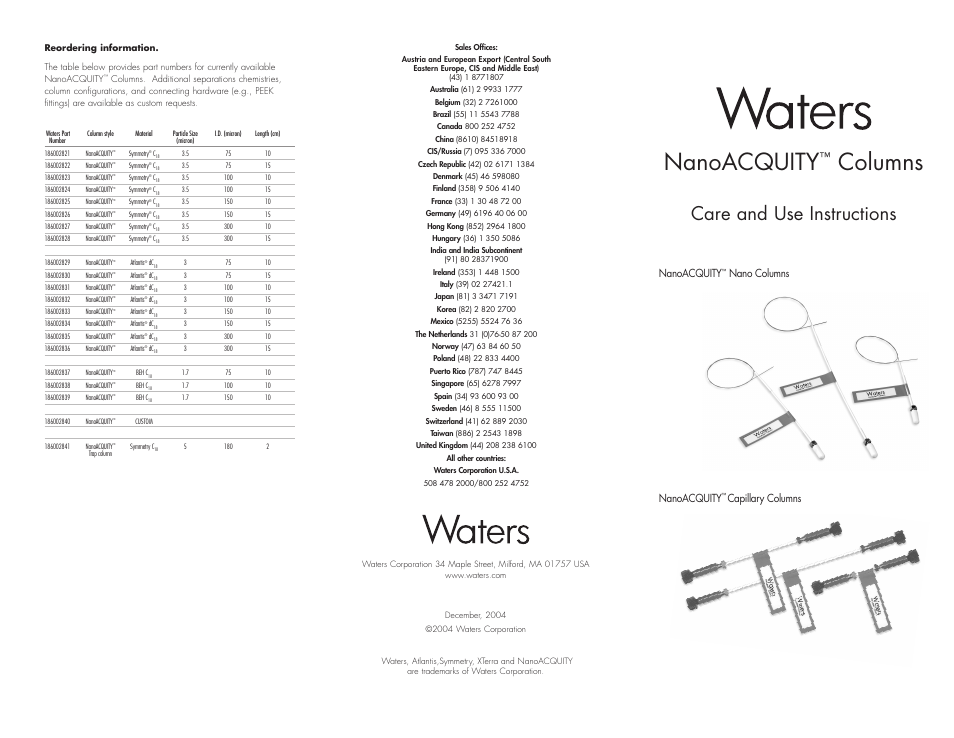 Waters nanoACQUITY Columns 5000 psi User Manual | 2 pages