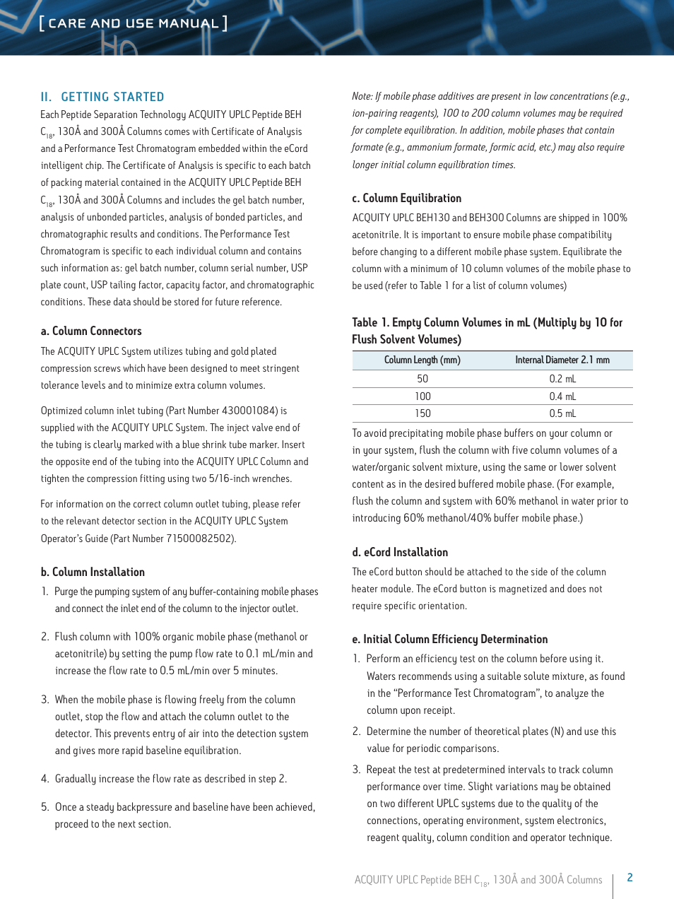 Care and use manual | Waters Peptide Separation Technology ACQUITY UPLC BEH130 and BEH300 User Manual | Page 2 / 6