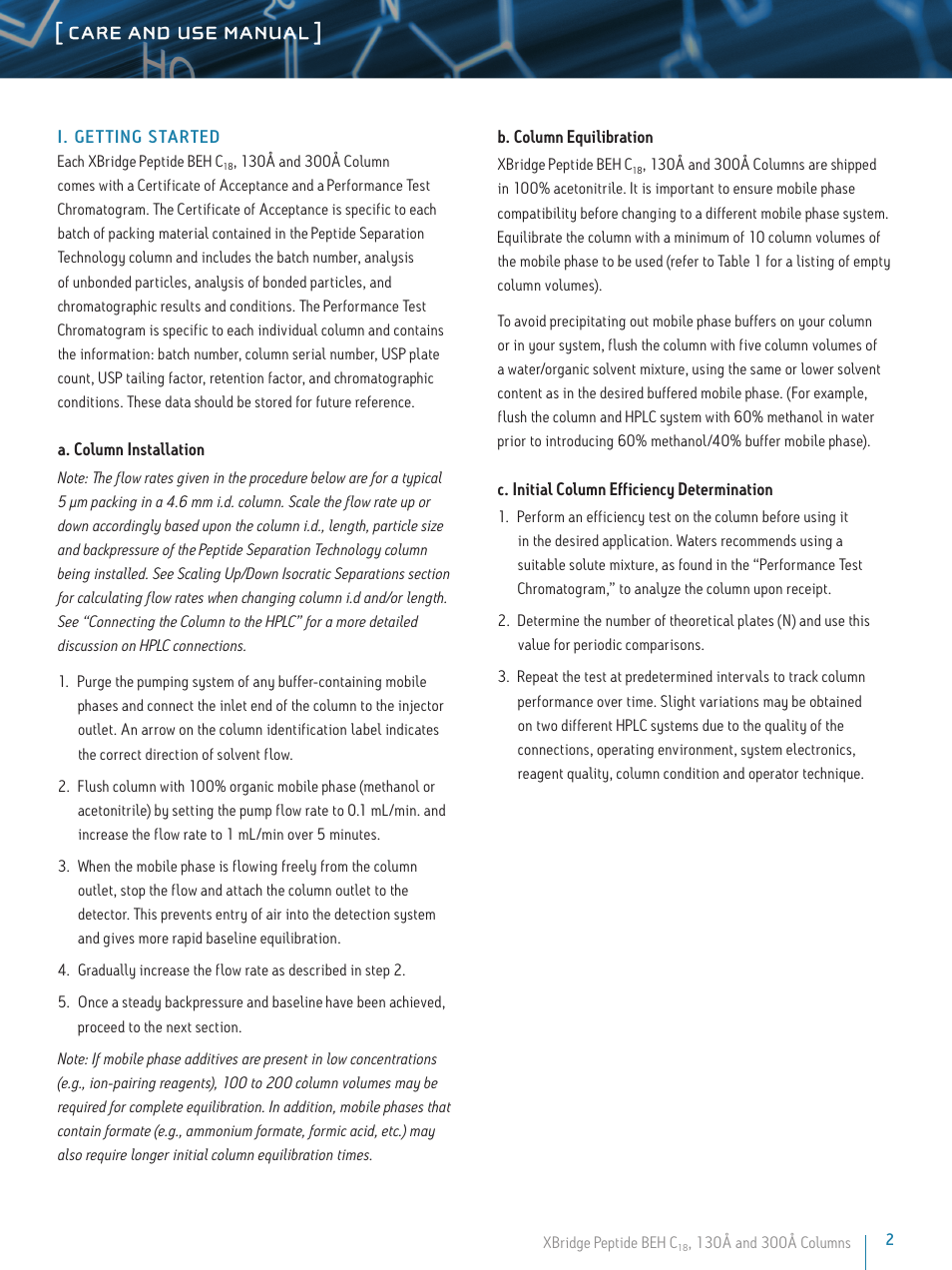 Care and use manual | Waters XBridge Peptide BEH C18 130A and 300A Columns User Manual | Page 2 / 9