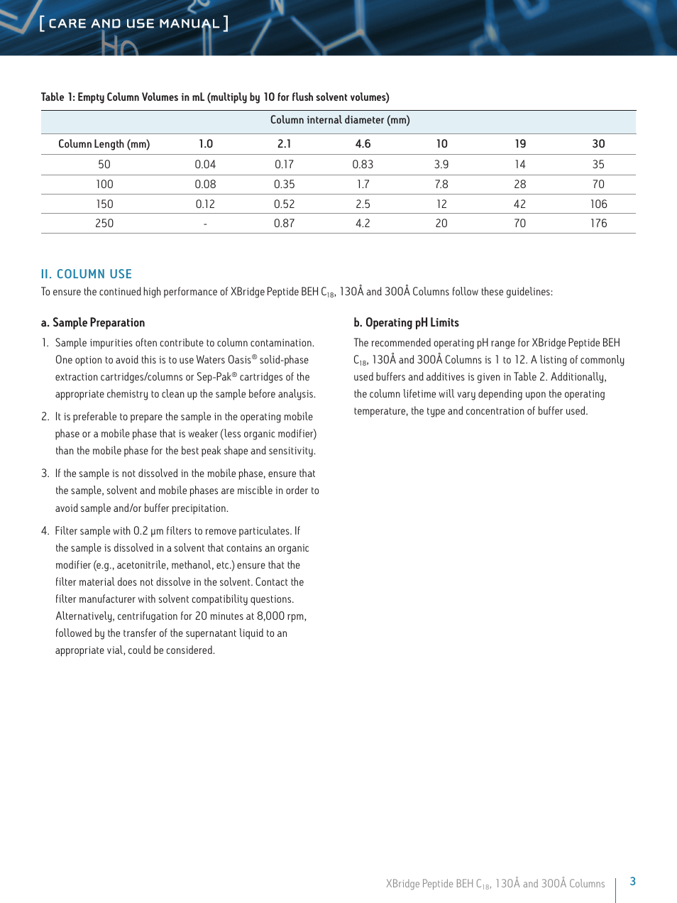 Care and use manual | Waters XBridge Peptide BEH C18 130A and 300A Columns User Manual | Page 3 / 9