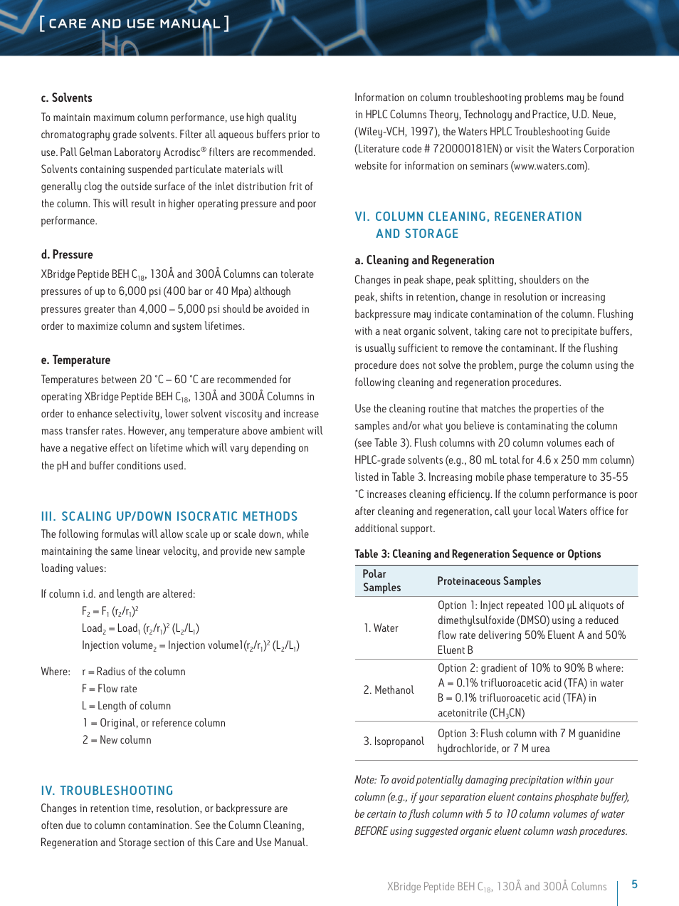 Care and use manual | Waters XBridge Peptide BEH C18 130A and 300A Columns User Manual | Page 5 / 9