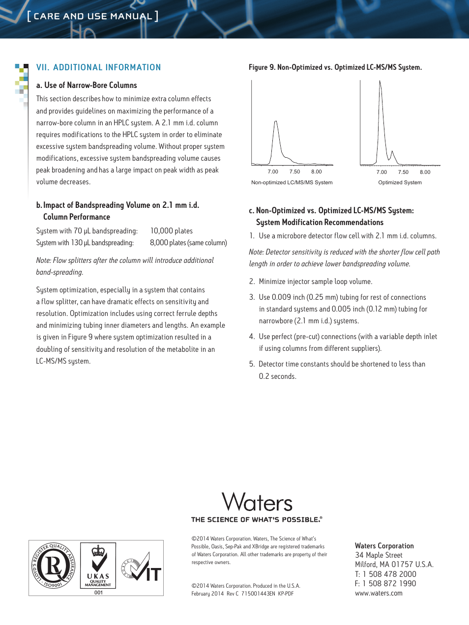 Care and use manual | Waters XBridge Peptide BEH C18 130A and 300A Columns User Manual | Page 9 / 9