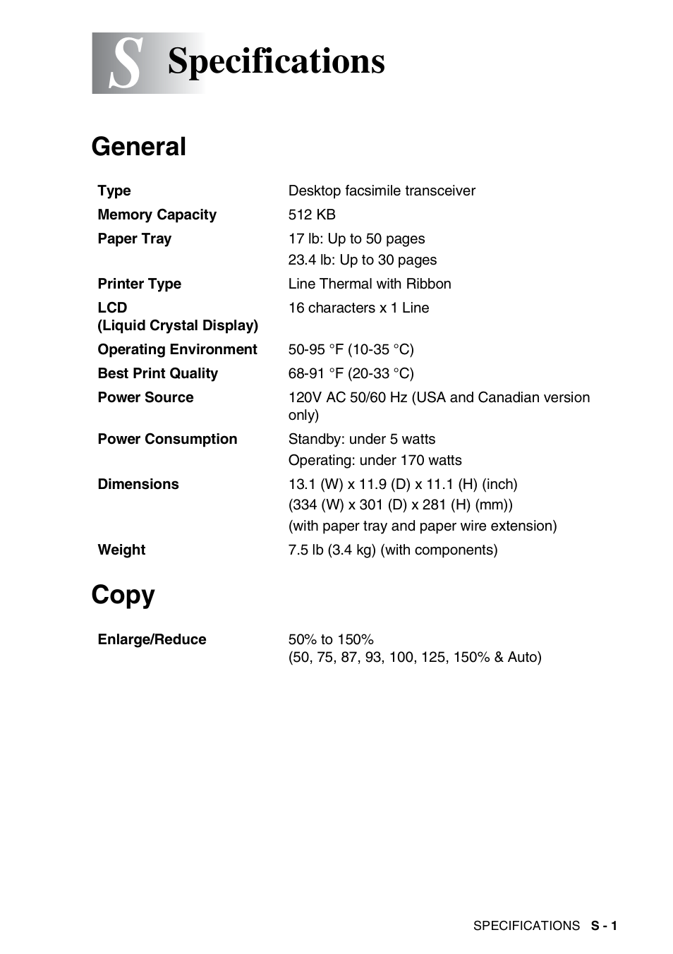 Specifications, General, Copy | General copy | Brother 565 User Manual | Page 110 / 119