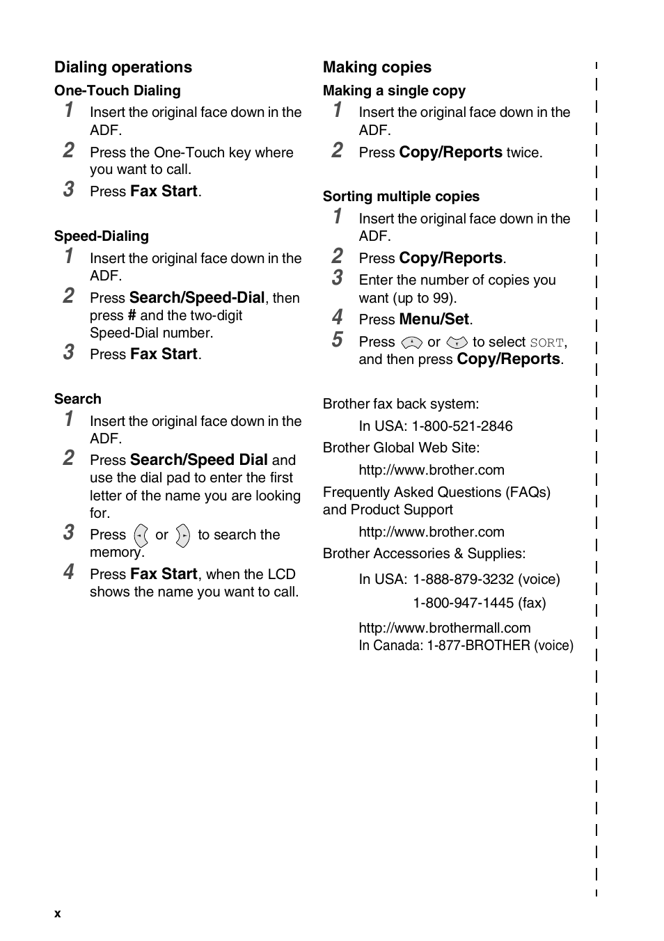 Dialing operations, Making copies | Brother 565 User Manual | Page 12 / 119