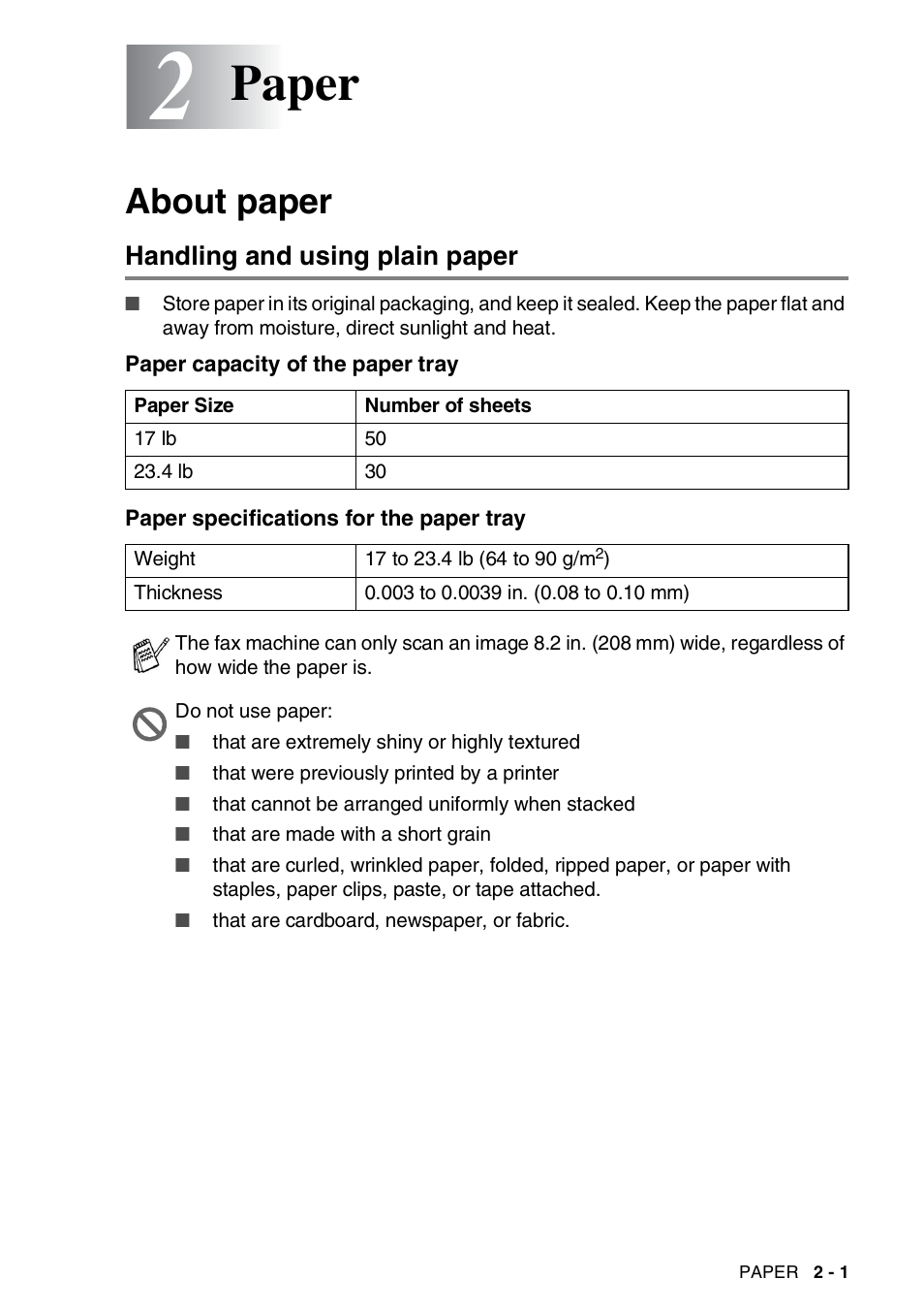 2 paper, About paper, Handling and using plain paper | Paper capacity of the paper tray, Paper specifications for the paper tray, Paper -1, About paper -1, Handling and using plain paper -1, Paper | Brother 565 User Manual | Page 32 / 119