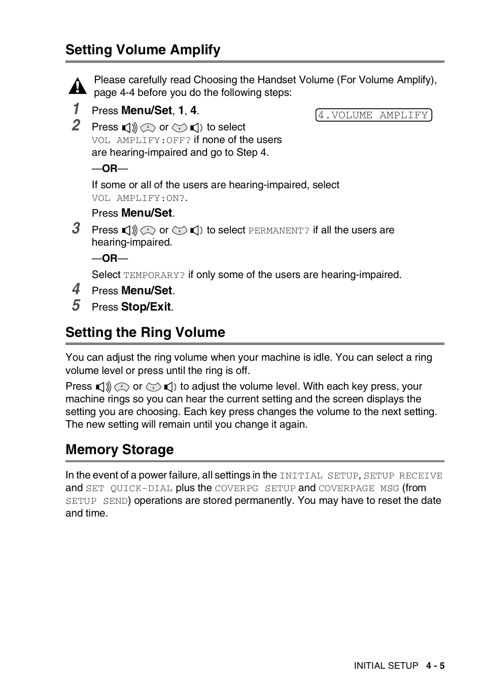 Setting volume amplify, Setting the ring volume, Memory storage | Brother 565 User Manual | Page 44 / 119