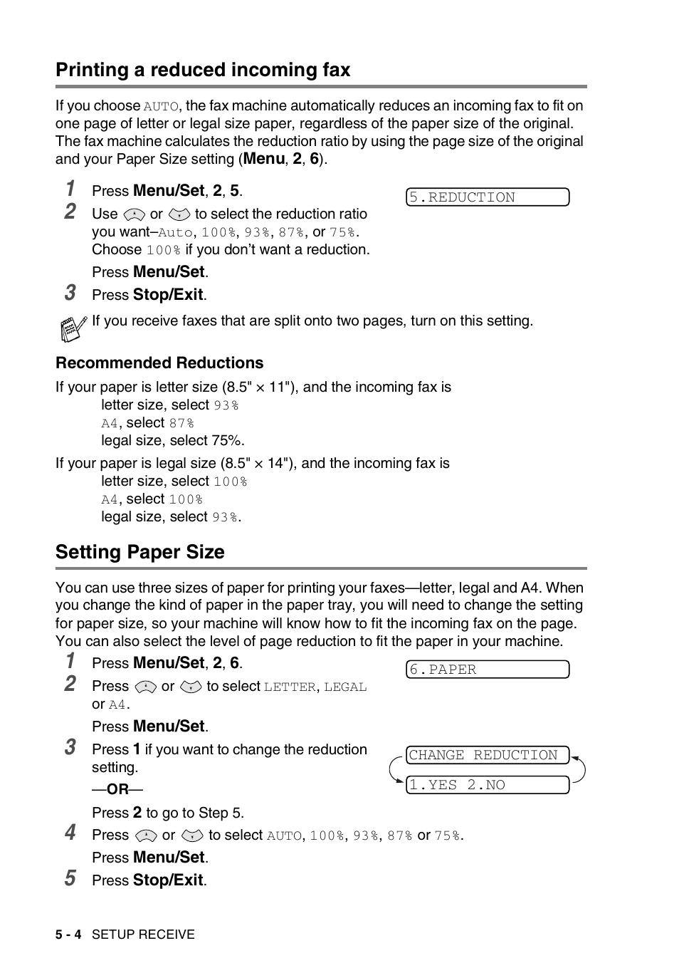 Printing a reduced incoming fax, Recommended reductions, Setting paper size | Printing a reduced incoming fax -4, Recommended reductions -4, Setting paper size -4 | Brother 565 User Manual | Page 49 / 119