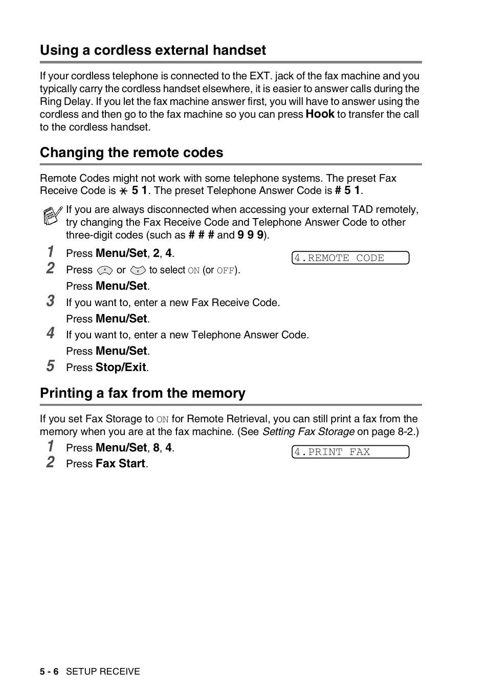 Using a cordless external handset, Changing the remote codes, Printing a fax from the memory | Brother 565 User Manual | Page 51 / 119