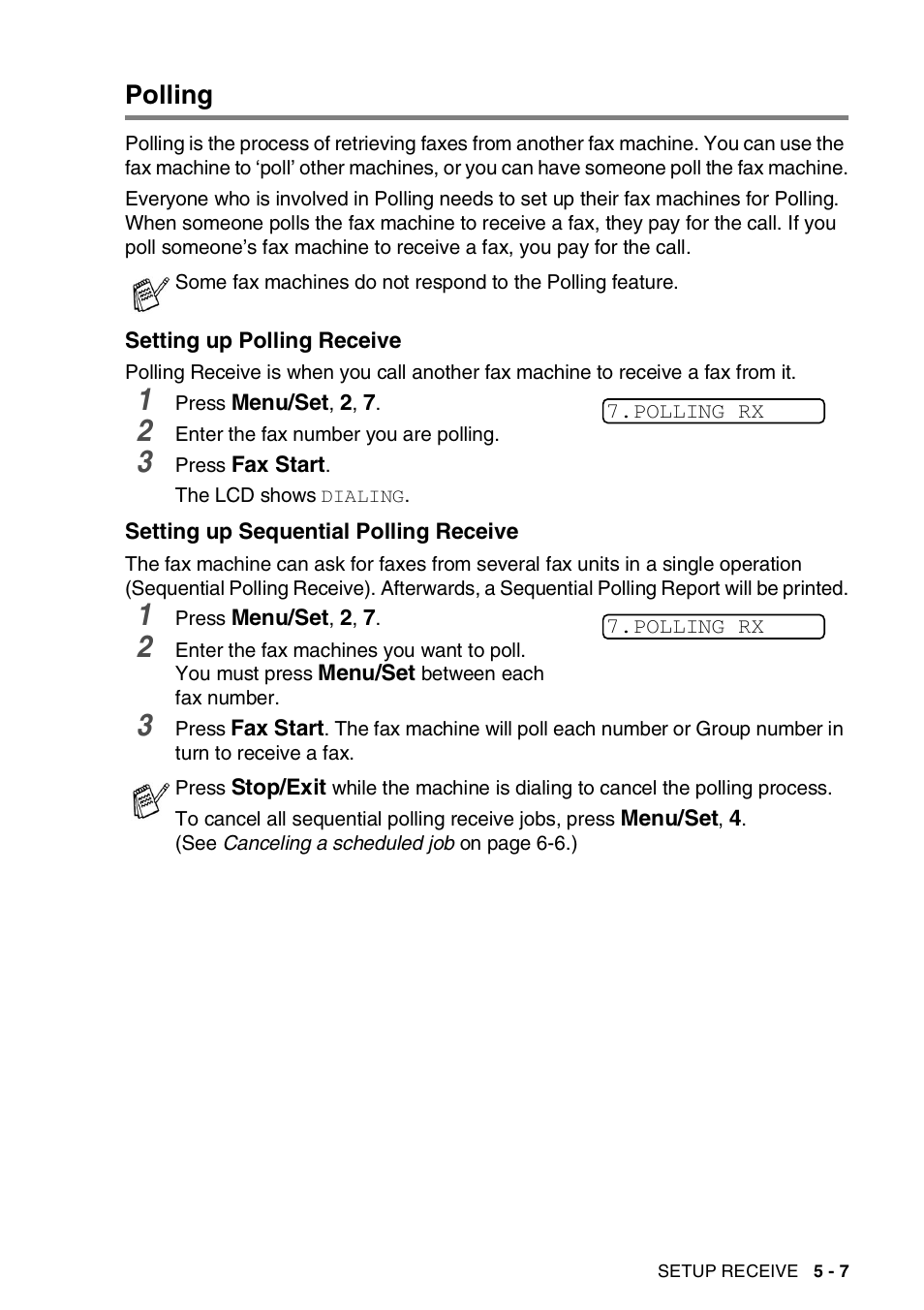 Polling, Setting up polling receive, Setting up sequential polling receive | Polling -7 | Brother 565 User Manual | Page 52 / 119