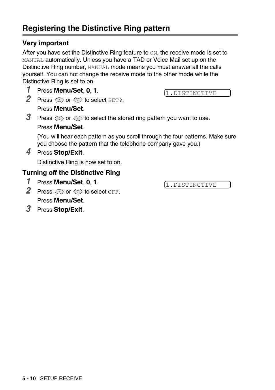 Registering the distinctive ring pattern, Very important, Turning off the distinctive ring | Registering the distinctive ring pattern -10 | Brother 565 User Manual | Page 55 / 119