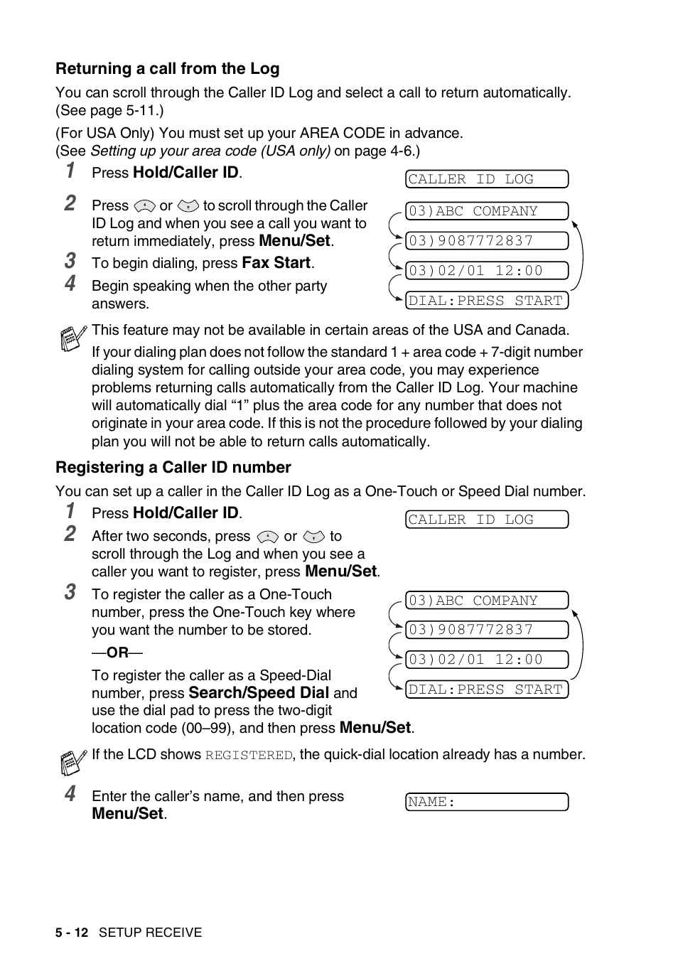 Returning a call from the log, Registering a caller id number | Brother 565 User Manual | Page 57 / 119