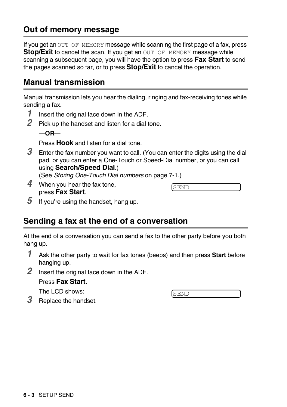 Out of memory message, Manual transmission, Sending a fax at the end of a conversation | Brother 565 User Manual | Page 61 / 119