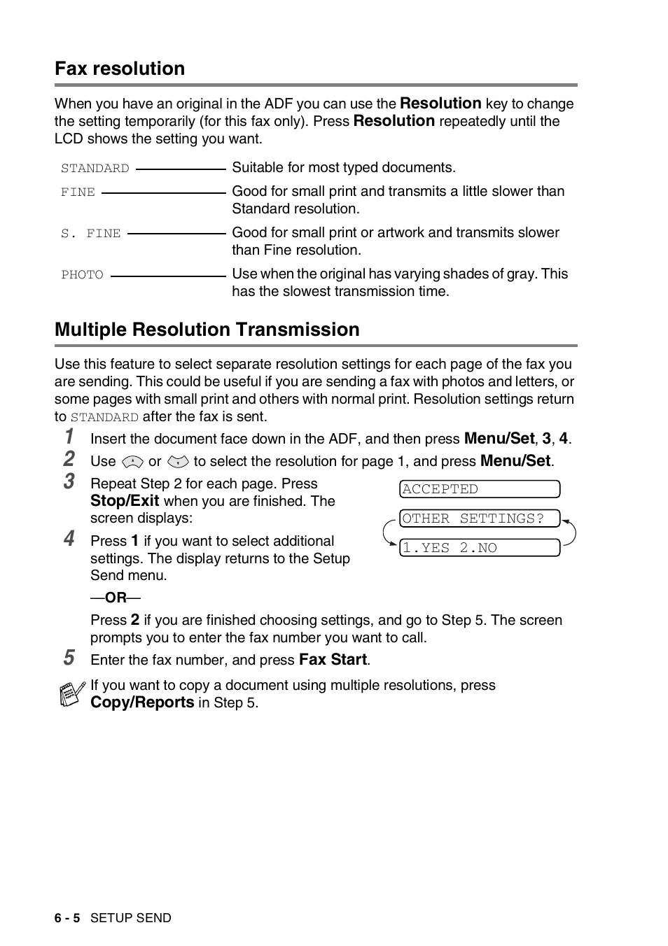 Fax resolution, Multiple resolution transmission | Brother 565 User Manual | Page 63 / 119