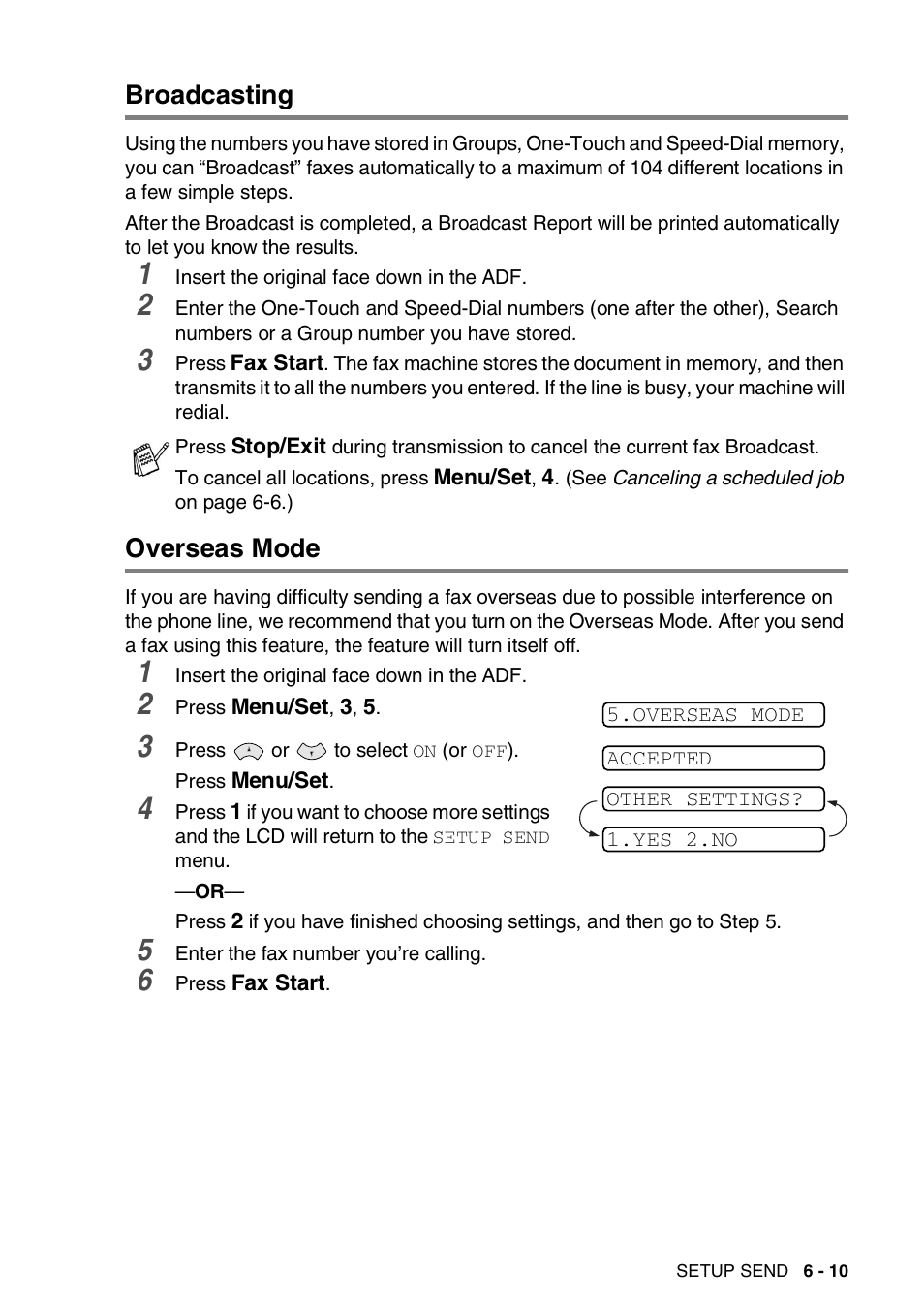 Broadcasting, Overseas mode, Broadcasting -10 overseas mode -10 | Brother 565 User Manual | Page 68 / 119