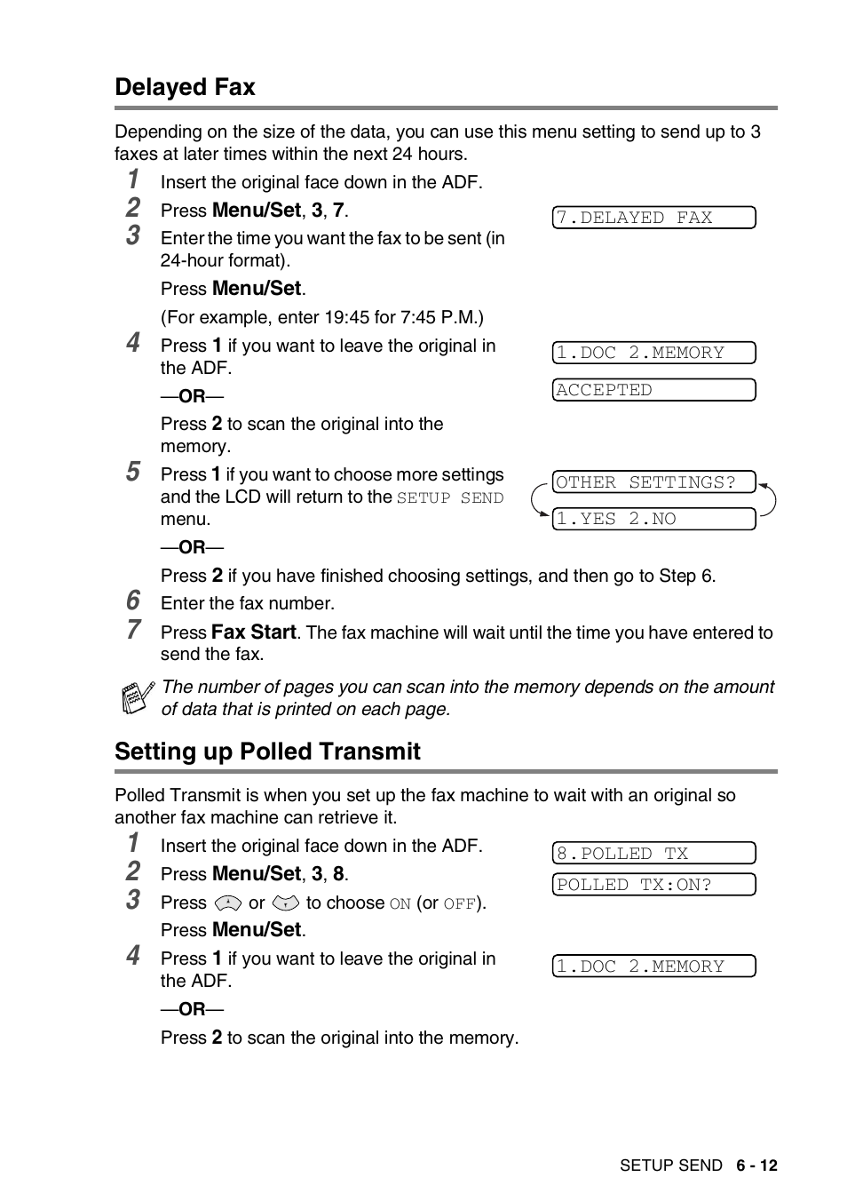 Delayed fax, Setting up polled transmit, Delayed fax -12 setting up polled transmit -12 | Brother 565 User Manual | Page 70 / 119