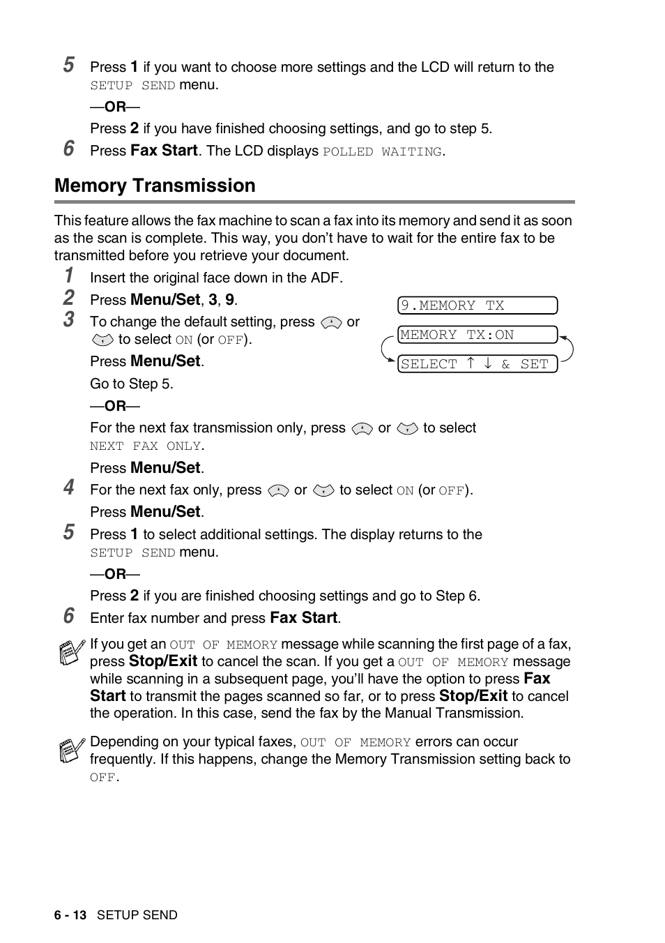 Memory transmission, Memory transmission -13 | Brother 565 User Manual | Page 71 / 119