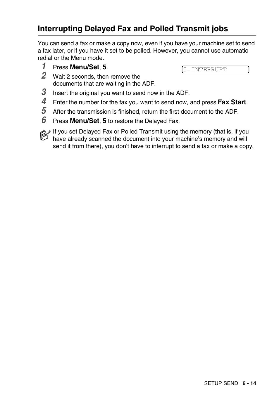 Interrupting delayed fax and polled transmit jobs | Brother 565 User Manual | Page 72 / 119