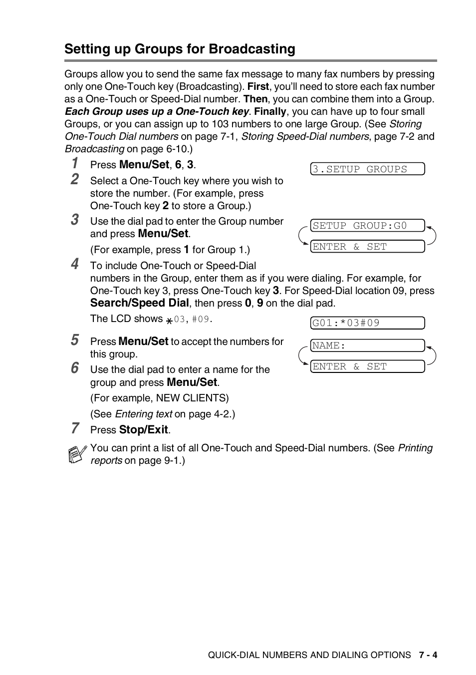 Setting up groups for broadcasting, Setting up groups for broadcasting -4 | Brother 565 User Manual | Page 76 / 119