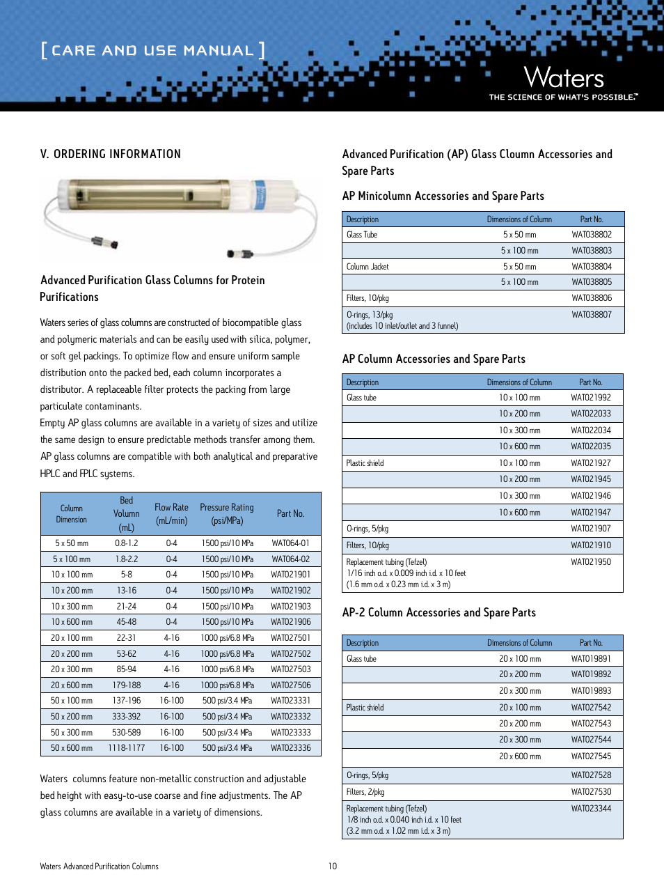 Care and use manual | Waters Advanced Purification Glass Columns User Manual | Page 10 / 11