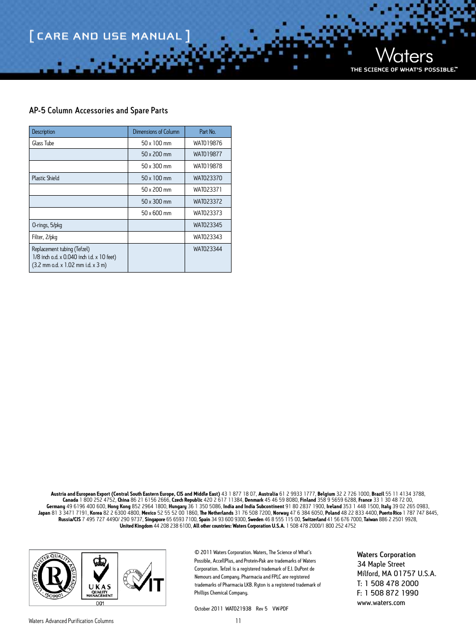 Care and use manual, Ap-5 column accessories and spare parts | Waters Advanced Purification Glass Columns User Manual | Page 11 / 11