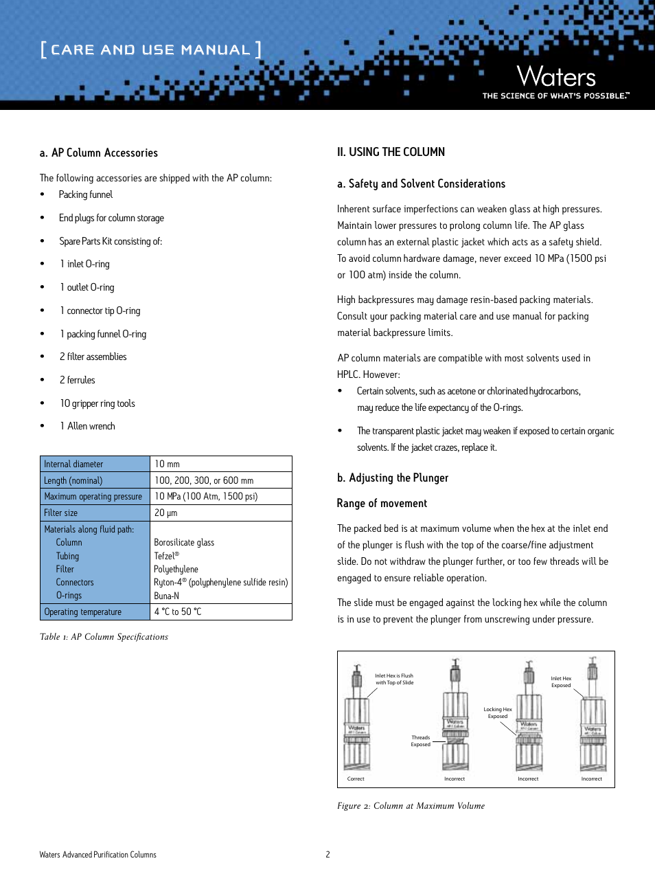 Care and use manual, A. ap column accessories, B. adjusting the plunger range of movement | Waters Advanced Purification Glass Columns User Manual | Page 2 / 11