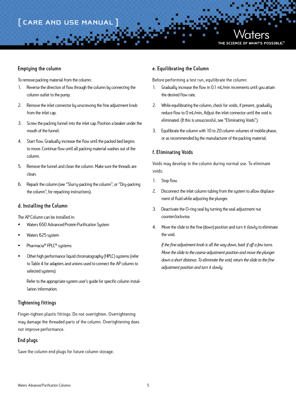 Care and use manual | Waters Advanced Purification Glass Columns User Manual | Page 5 / 11
