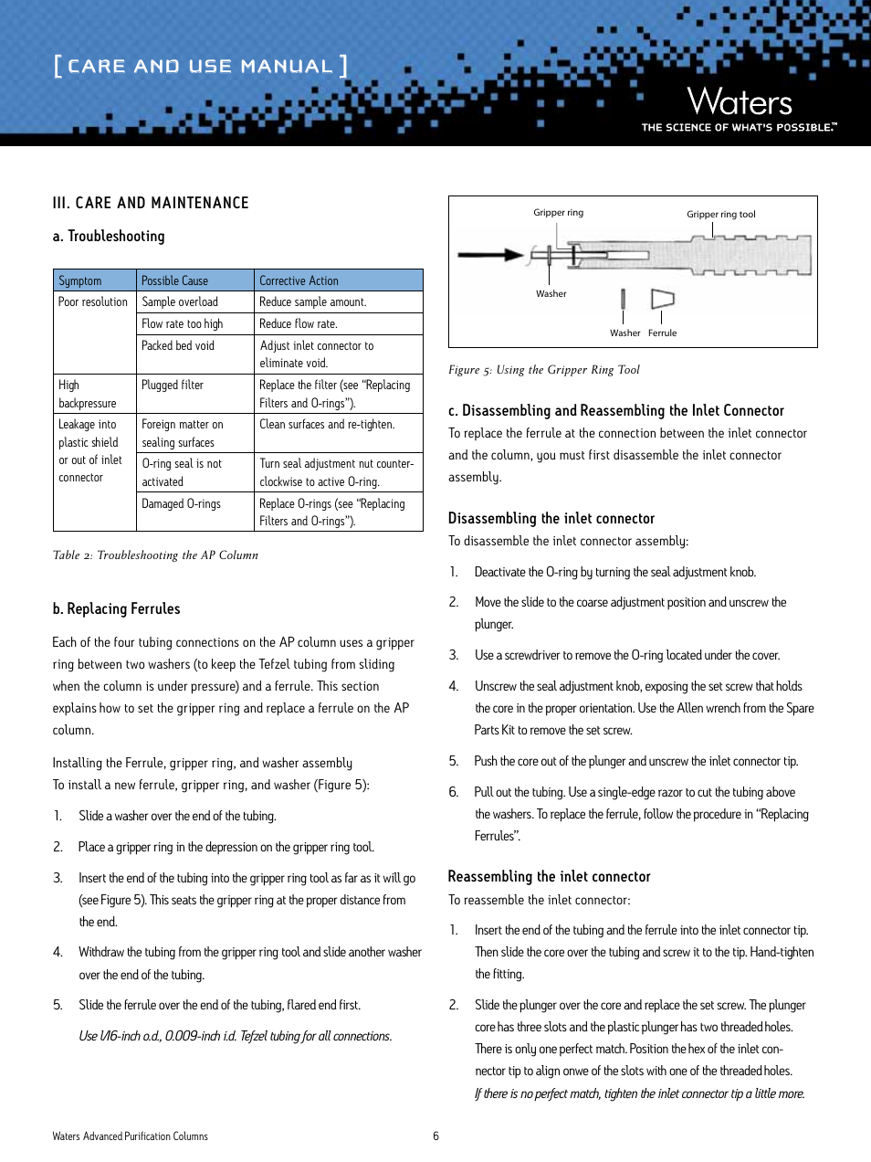 Care and use manual | Waters Advanced Purification Glass Columns User Manual | Page 6 / 11