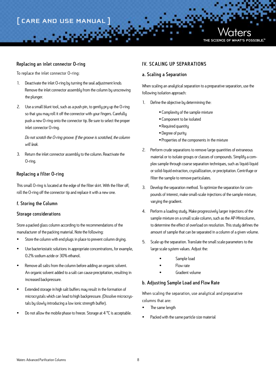 Care and use manual | Waters Advanced Purification Glass Columns User Manual | Page 8 / 11
