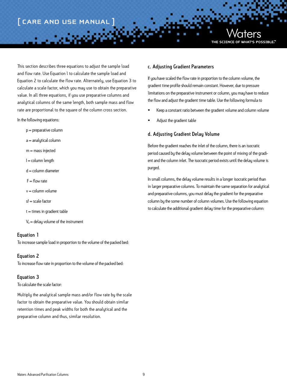 Care and use manual | Waters Advanced Purification Glass Columns User Manual | Page 9 / 11