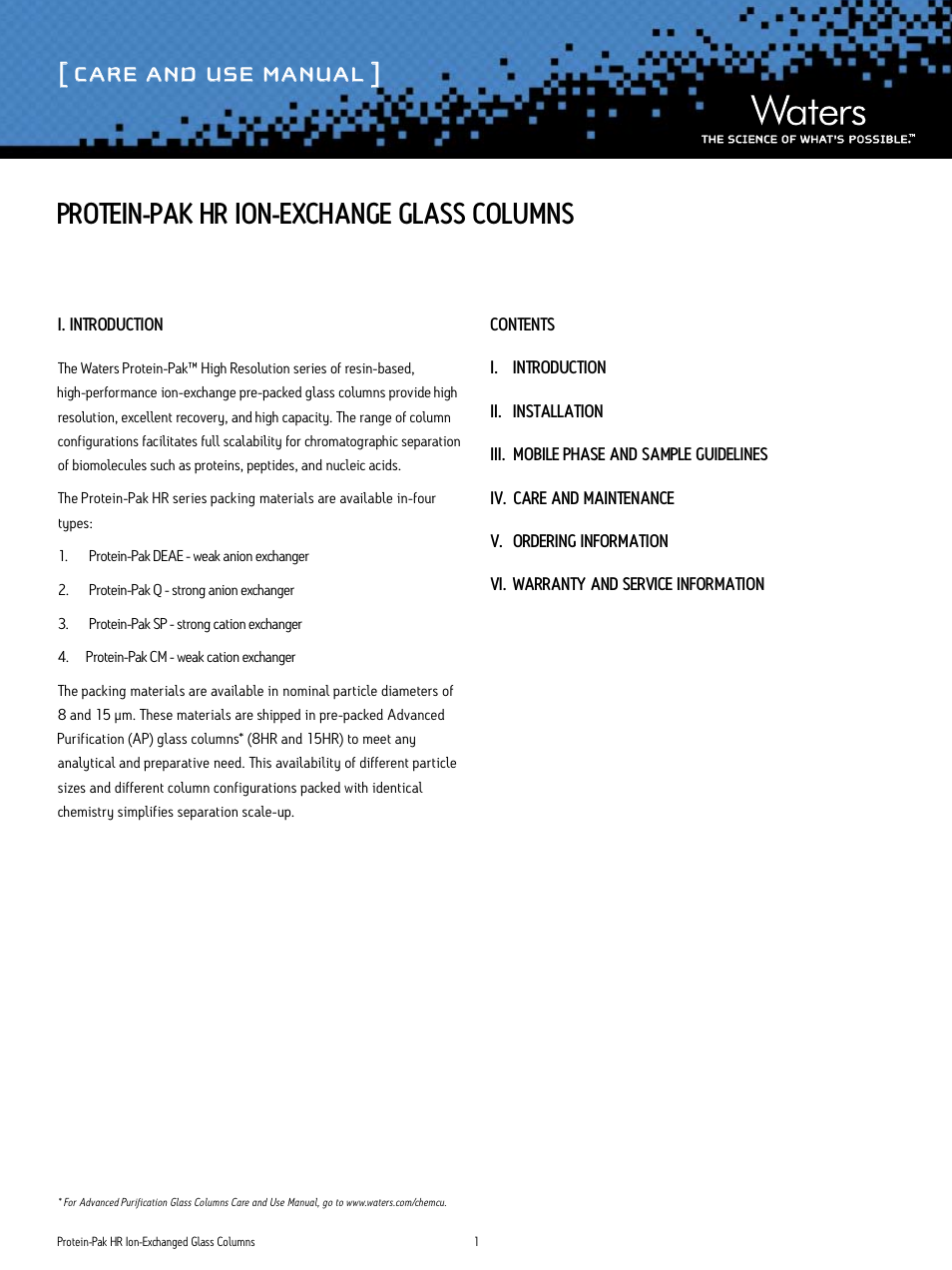Waters Protein-Pak HR Ion-Exchange Glass Columns User Manual | 11 pages