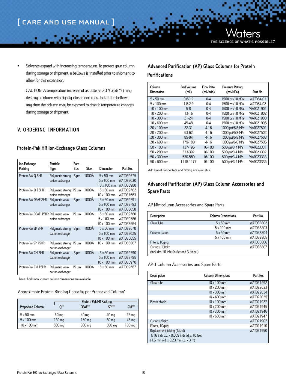 Care and use manual | Waters Protein-Pak HR Ion-Exchange Glass Columns User Manual | Page 10 / 11